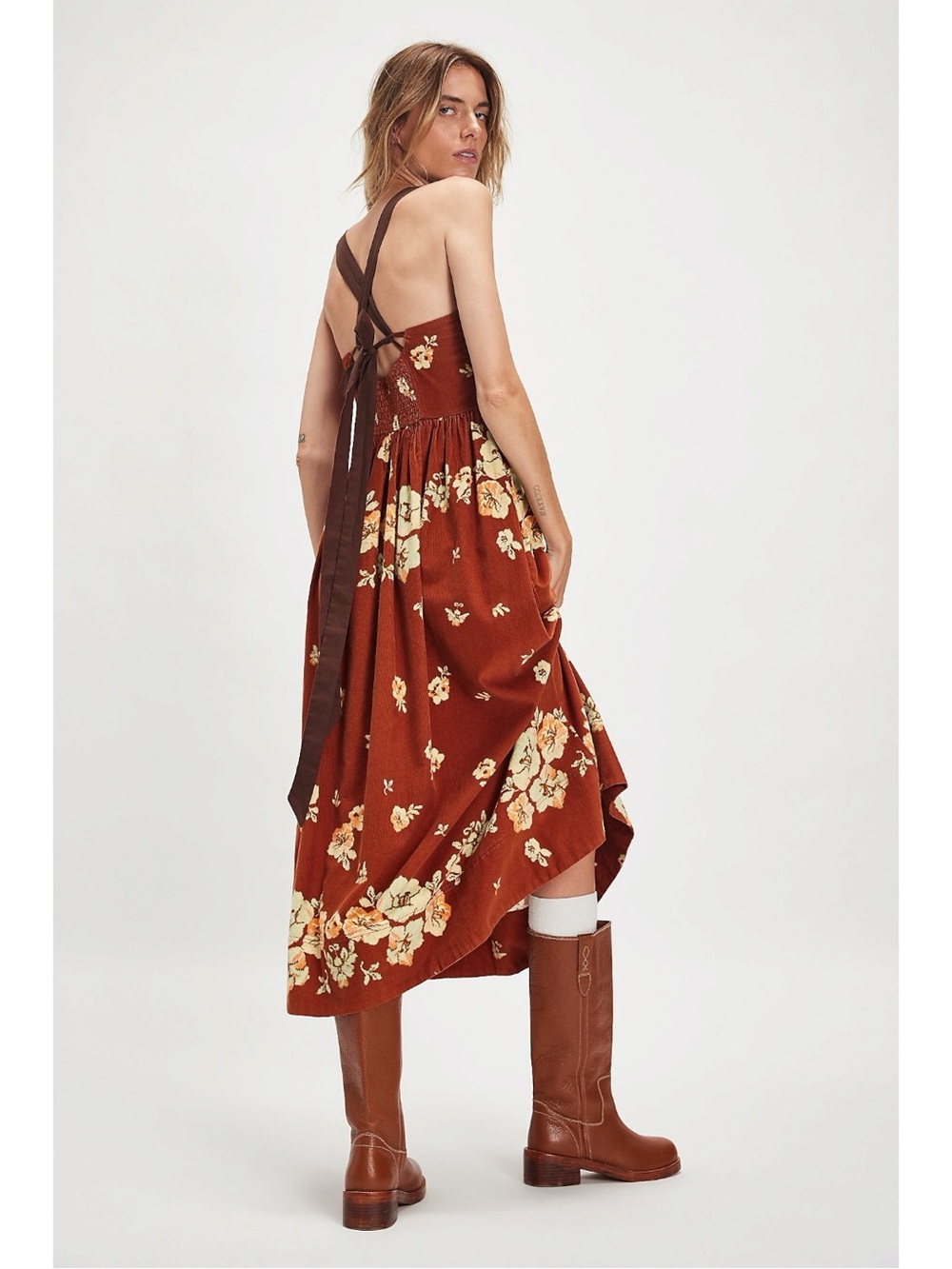 Free People Dainty Cottage Micro Corduroy Until Dawn Midi Dress Brown Large - Picture 7 of 17